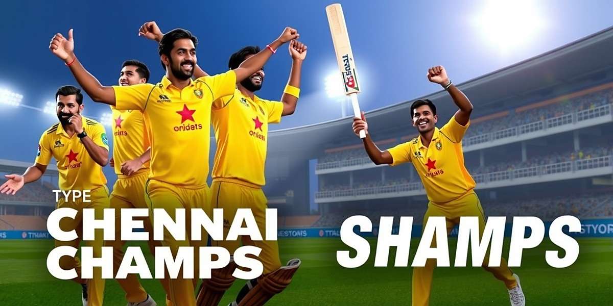 Chennai Champs Game Cover Chennai Champs game cover featuring cricket players in yellow jerseys celebrating a victory at Chepauk Stadium